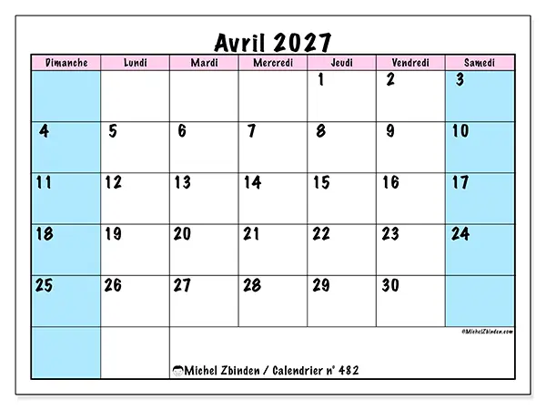 Calendrier avril 2027 à imprimer - Horaire d’équipe - Semaine : dimanche à samedi