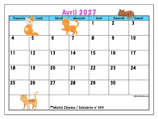 Calendrier avril 2027 à imprimer - Amour des chats - Semaine du dimanche au samedi