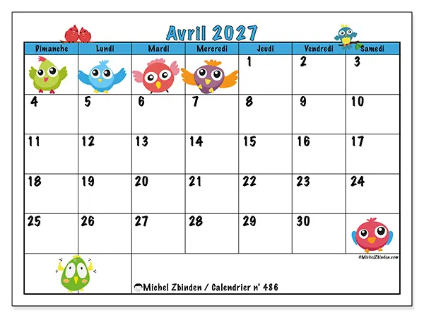 Calendrier avril 2027 à imprimer - Oiseaux amusants - Semaine du dimanche au samedi