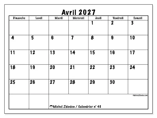 Calendrier avril 2027 à imprimer - Efficacité quotidienne - Semaine : dimanche à samedi
