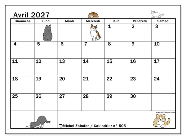 Calendrier avril 2027 à imprimer - Vie de chat - Semaine : dimanche à samedi