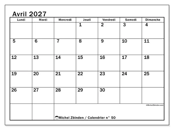 Calendrier avril 2027 à imprimer - Planification optimale