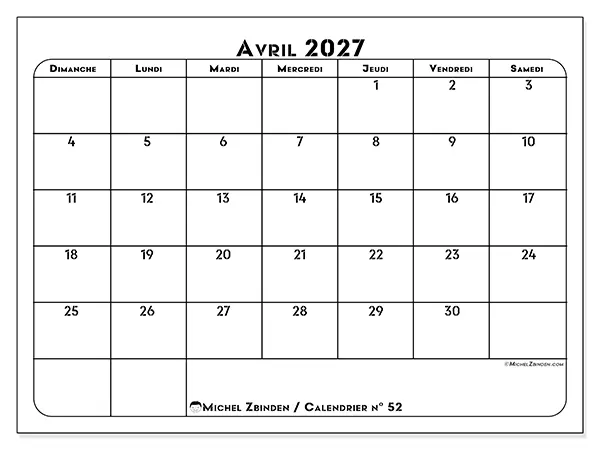 Calendrier avril 2027 à imprimer - Organisation professionnelle - Semaine du dimanche au samedi