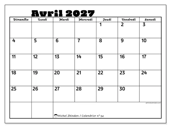 Calendrier avril 2027 à imprimer - Activités en famille - Semaine du dimanche au samedi