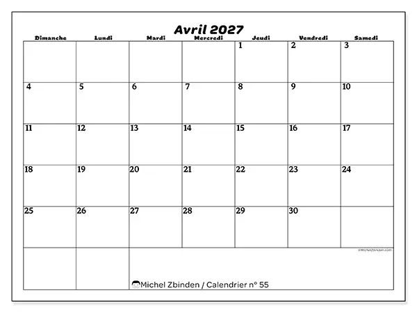 Calendrier avril 2027 à imprimer - Organisation des loisirs - Semaine du dimanche au samedi