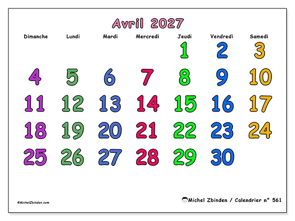 Calendrier avril 2027 à imprimer - Moments créatifs - Semaine : dimanche à samedi