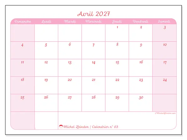 Calendrier avril 2027 à imprimer - Organisation en douceur - Semaine : dimanche à samedi