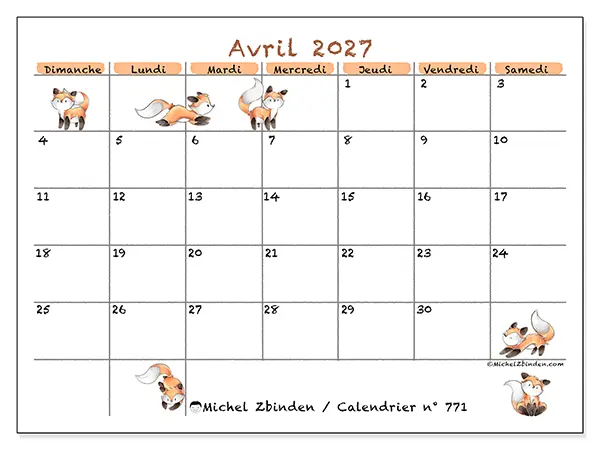 Calendrier avril 2027 à imprimer - Dessins de renards - Semaine du dimanche au samedi