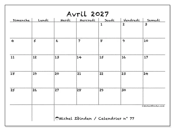 Calendrier avril 2027 à imprimer - École et famille - Semaine du dimanche au samedi