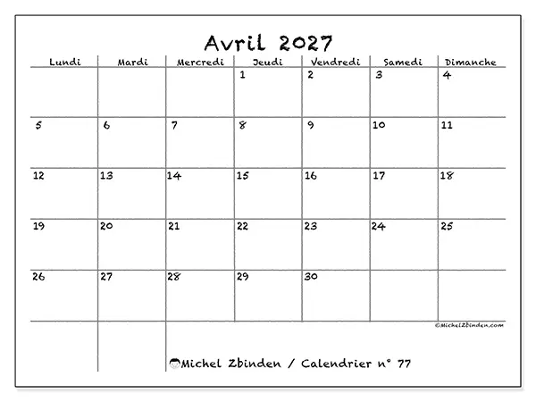 Calendrier avril 2027 à imprimer - École et famille