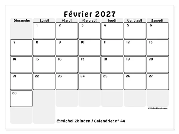 Calendrier février 2027 à imprimer - Planning structuré - Semaine : dimanche à samedi