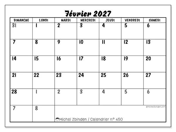 Calendrier février 2027 à imprimer - Organisation détaillée - Semaine : dimanche à samedi