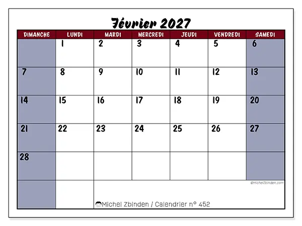 Calendrier février 2027 à imprimer - Productivité en couleur - Semaine : dimanche à samedi