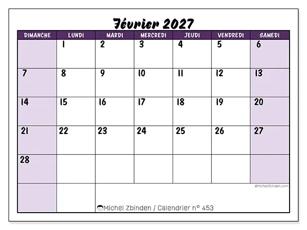 Calendrier février 2027 à imprimer - Efficacité colorée - Semaine : dimanche à samedi