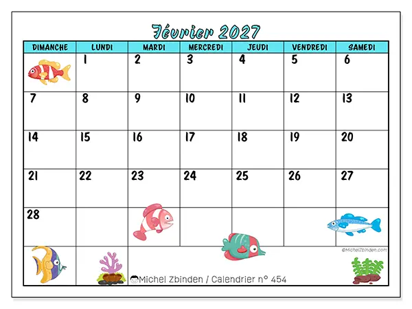 Calendrier février 2027 à imprimer - Poissons colorés - Semaine : dimanche à samedi