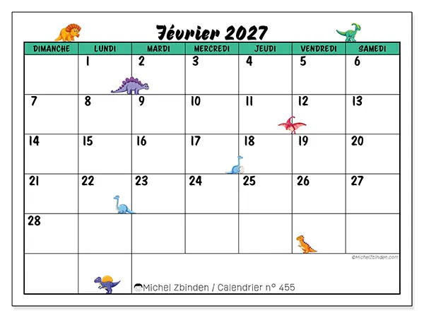 Calendrier février 2027 à imprimer - Petits dinosaures - Semaine : dimanche à samedi