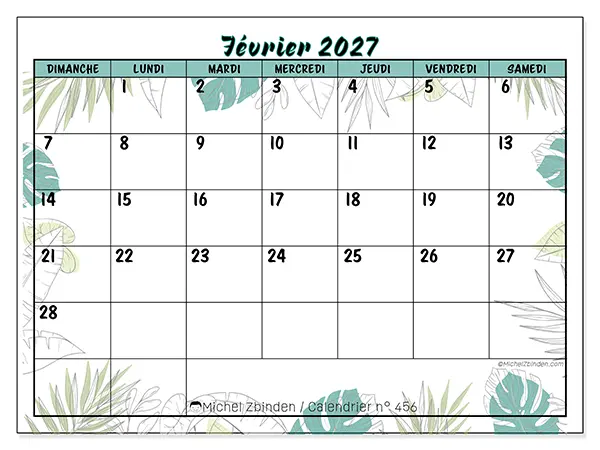 Calendrier février 2027 à imprimer - Nature et jardin - Semaine : dimanche à samedi