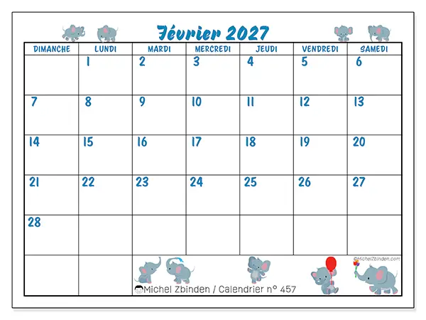 Calendrier février 2027 à imprimer - Petits éléphants - Semaine : dimanche à samedi