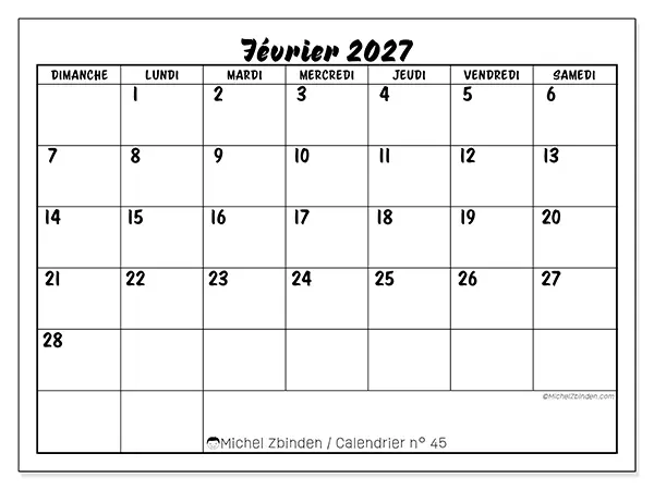 Calendrier février 2027 à imprimer - Réussite scolaire - Semaine : dimanche à samedi