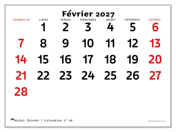 Calendrier février 2027 à imprimer - Vision claire - Semaine : dimanche à samedi
