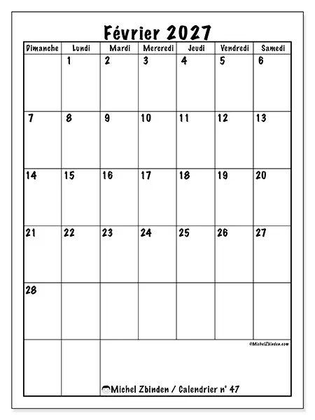 Calendrier février 2027 à imprimer - Planning efficace - Semaine : dimanche à samedi