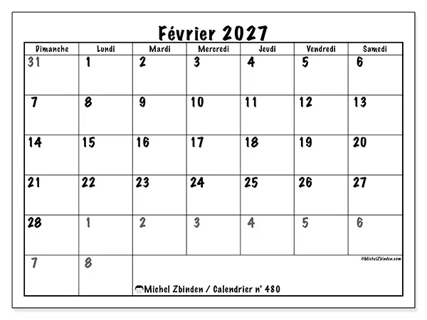 Calendrier février 2027 à imprimer - Planification complète - Semaine : dimanche à samedi