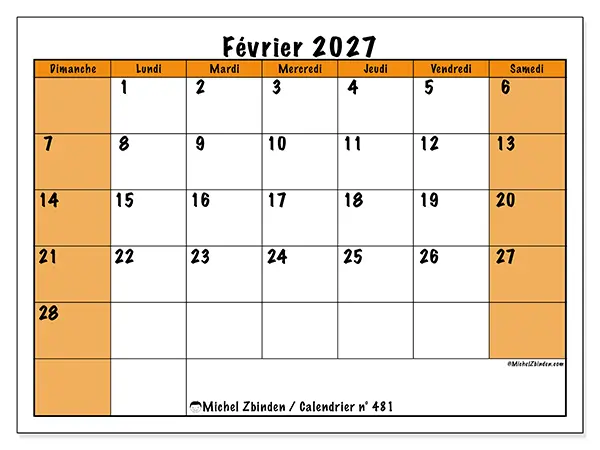 Calendrier février 2027 à imprimer - Planning dynamique - Semaine : dimanche à samedi