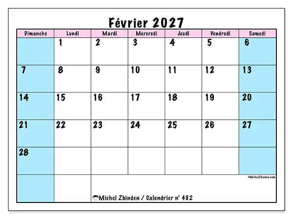 Calendrier février 2027 à imprimer - Horaire d’équipe - Semaine : dimanche à samedi