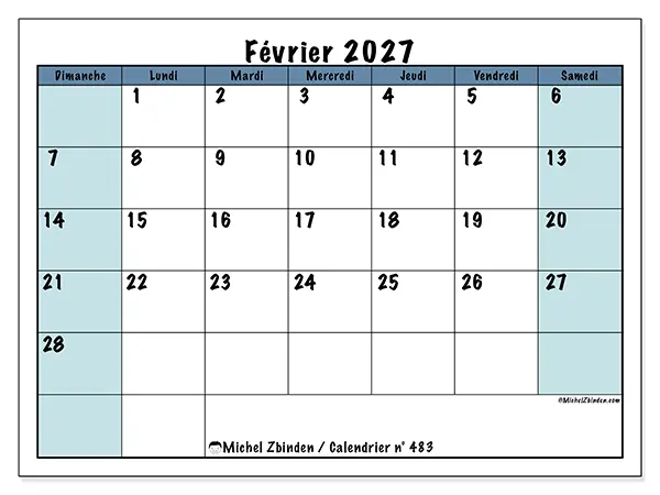 Calendrier février 2027 à imprimer - Structuré pour l’école - Semaine : dimanche à samedi