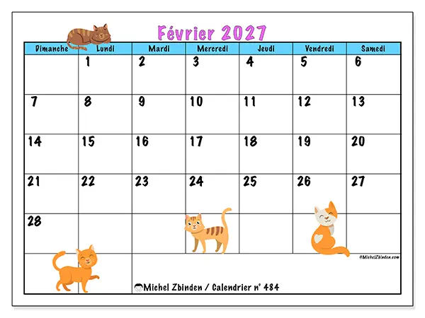 Calendrier février 2027 à imprimer - Amour des chats - Semaine : dimanche à samedi