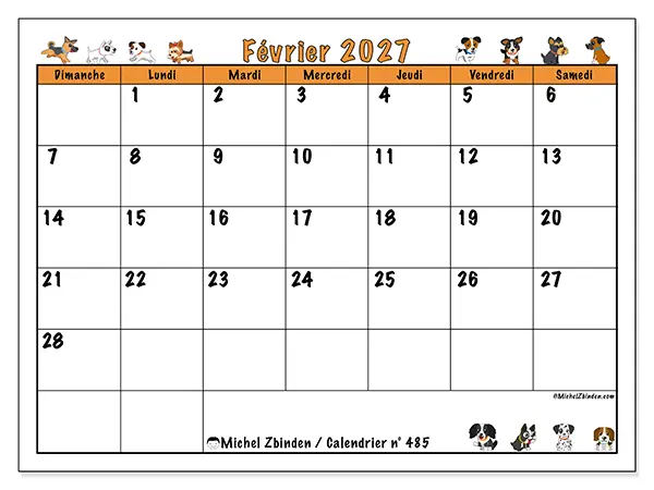 Calendrier février 2027 à imprimer - Chiens enthousiastes - Semaine : dimanche à samedi