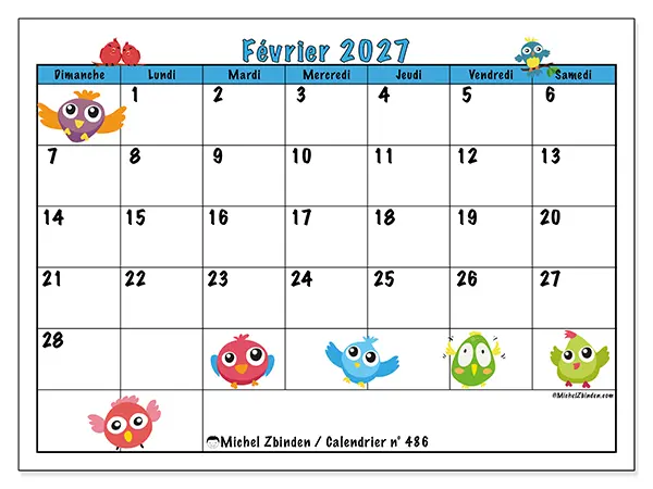 Calendrier février 2027 à imprimer - Oiseaux amusants - Semaine : dimanche à samedi