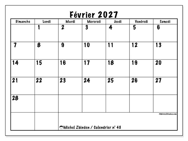 Calendrier février 2027 à imprimer - Efficacité quotidienne - Semaine : dimanche à samedi