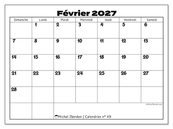 Calendrier février 2027 à imprimer - Coordination productive - Semaine : dimanche à samedi