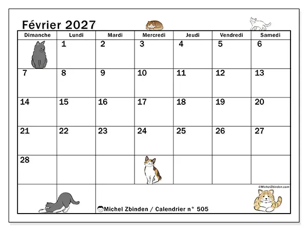 Calendrier février 2027 à imprimer - Vie de chat - Semaine : dimanche à samedi