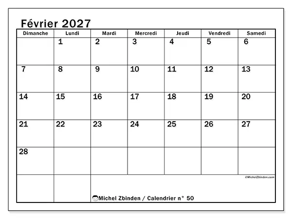 Calendrier février 2027 à imprimer - Planification optimale - Semaine : dimanche à samedi
