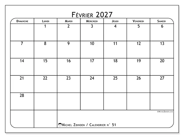 Calendrier février 2027 à imprimer - Programme des repas - Semaine : dimanche à samedi