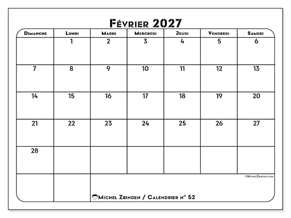 Calendrier février 2027 à imprimer - Organisation professionnelle - Semaine : dimanche à samedi