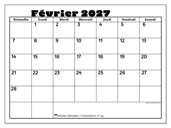 Calendrier février 2027 à imprimer - Activités en famille - Semaine : dimanche à samedi