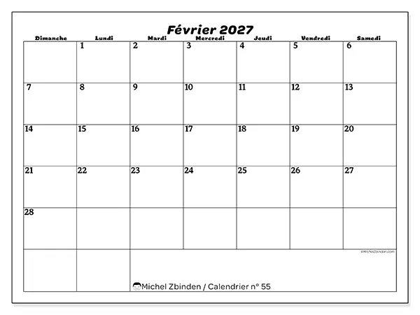 Calendrier février 2027 à imprimer - Organisation des loisirs - Semaine : dimanche à samedi