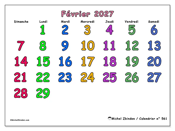 Calendrier février 2027 à imprimer - Moments créatifs - Semaine : dimanche à samedi