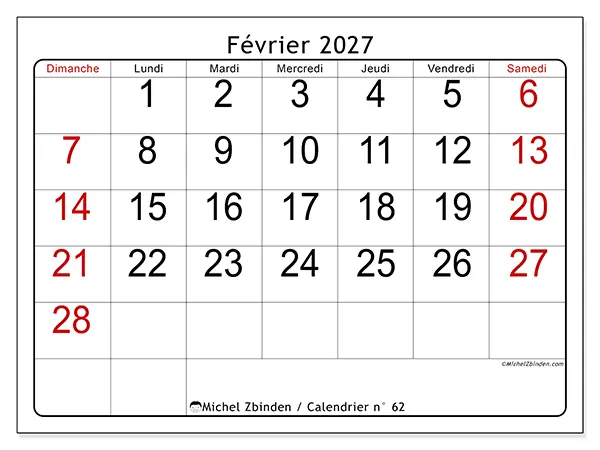 Calendrier février 2027 à imprimer - Lecture rapide - Semaine : dimanche à samedi
