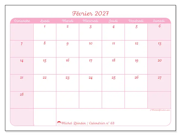 Calendrier février 2027 à imprimer - Organisation en douceur - Semaine : dimanche à samedi