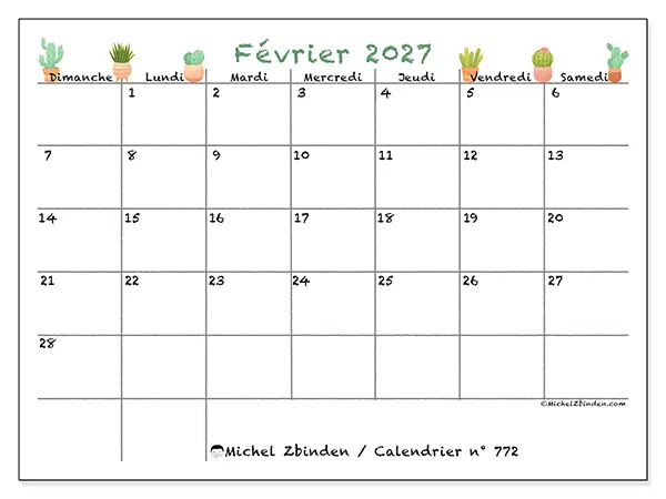 Calendrier février 2027 à imprimer - Cactus décoratifs - Semaine : dimanche à samedi