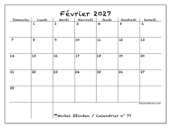 Calendrier février 2027 à imprimer - École et famille - Semaine : dimanche à samedi