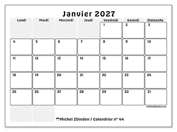 Calendrier janvier 2027 à imprimer - Planning structuré