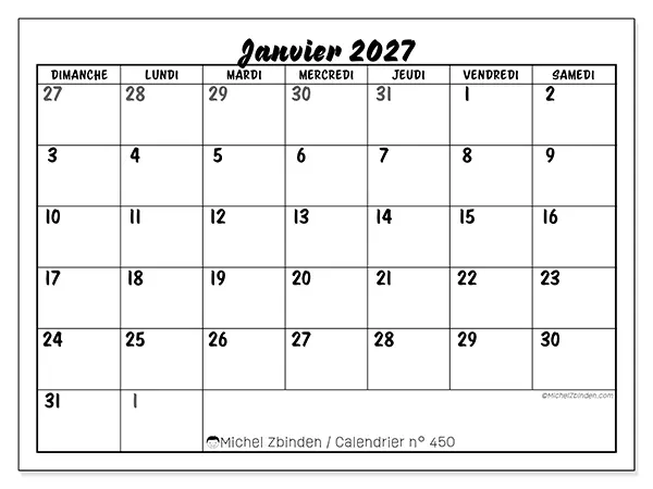 Calendrier janvier 2027 à imprimer - Organisation détaillée - Semaine : dimanche à samedi