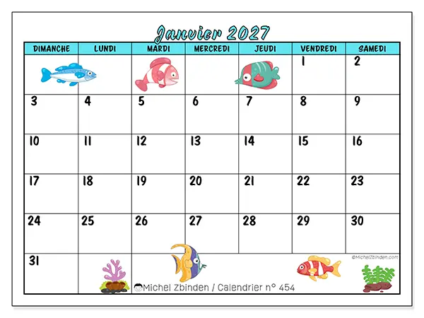 Calendrier janvier 2027 à imprimer - Poissons colorés - Semaine : dimanche à samedi