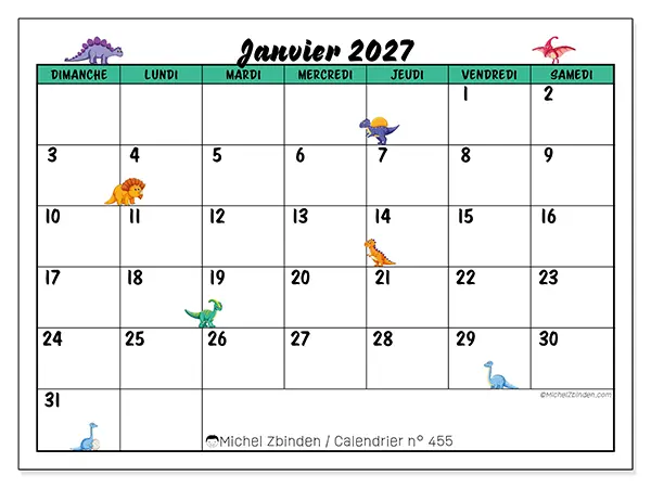 Calendrier janvier 2027 à imprimer - Petits dinosaures - Semaine : dimanche à samedi