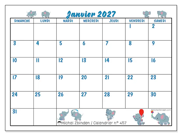 Calendrier janvier 2027 à imprimer - Petits éléphants - Semaine : dimanche à samedi